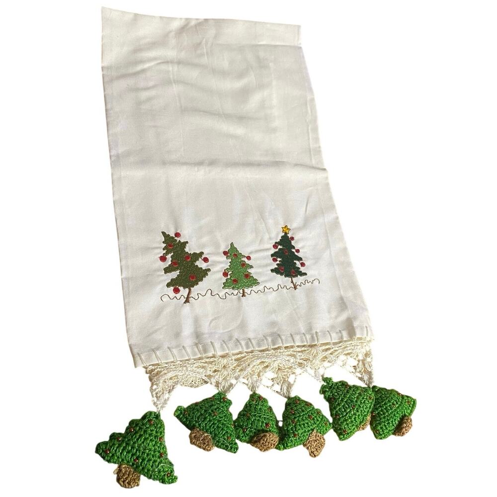 Handmade Cotton Kitchen Towel w/ Embroidered Christmas Trees & Crocheted Fringe